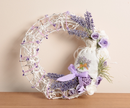 Interior decoration, wicker wreath with lavender and ribbon の写真素材