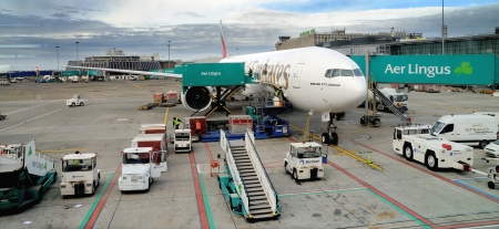 DUBLIN, IRELAND  - OCTOBER 30: Emirates Boeing 777-300, flight no. EK162 before departure at Dublin Airport on October 30, 2012 in Dublin, Ireland. Emirates is one of the biggest airline in the world and flies roughly 2400 passenger flights per week.のeditorial素材