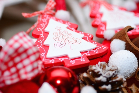 Christmas decoration with red Christmas tree and ribbon の写真素材