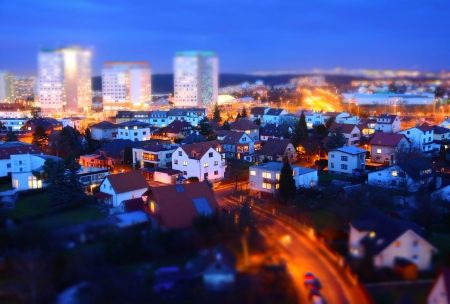 Prague city with big prefabs and houses at twilight with tilt-shift effect の写真素材