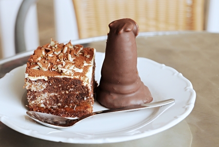Closeup of the sweet chocolate dessert on the plate with spoon 