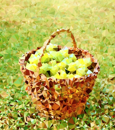 Polygonal illustration of wicker basket with fruit on a green background.の写真素材