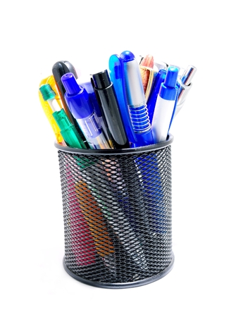 Black office pot with pencils and pens on a white background.の写真素材