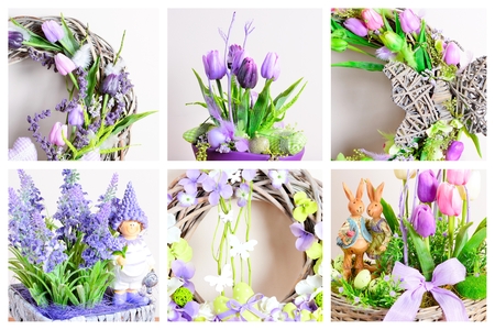 Photo collage of Easter homemade decoration with spring arrangement. Homemade arrangement. Photo collage.の写真素材