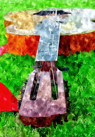 Abstract watercolor digital generated painting with closeup of guitars neck lies on the ground.の写真素材