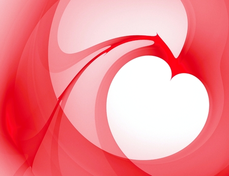 Computer generated red fractal with white heart placed on the right side of image. Around the heart is abstract swirling red background.の写真素材