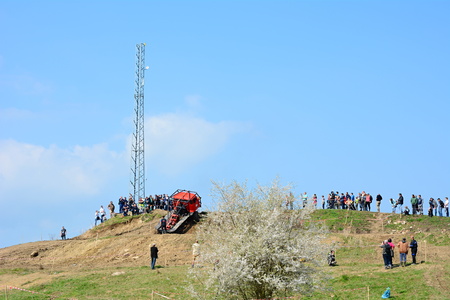 MILOVICE, CZECH REPUBLIC - APRIL 09, 2017: Unidentified truck at difficult muddy terrain during truck trial National championship show of Czech Republic 2017 on April 09, 2017 in Milovice.のeditorial素材
