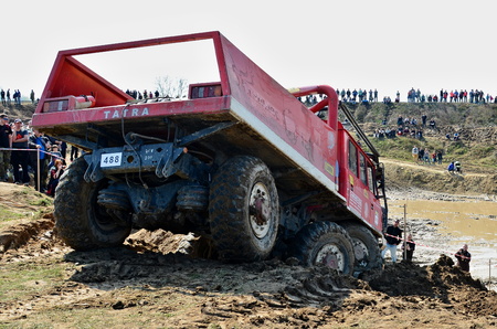 MILOVICE, CZECH REPUBLIC - APRIL 09, 2017: Unidentified truck at difficult muddy terrain during truck trial National championship show of Czech Republic 2017 on April 09, 2017 in Milovice.のeditorial素材