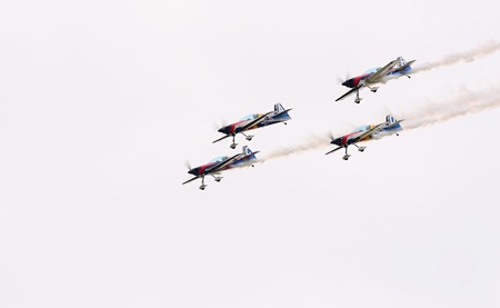 CASLAV, CZECH REPUBLIC - MAY 20, 2017: Flying Bulls aerobatics team with ExtremeAir XA42 planes showing his performance during the Open Day at Tactical Air Force Base Caslav.のeditorial素材
