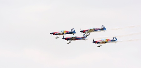CASLAV, CZECH REPUBLIC - MAY 20, 2017: Flying Bulls aerobatics team with ExtremeAir XA42 planes showing his performance during the Open Day at Tactical Air Force Base Caslav.のeditorial素材