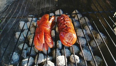 Grilling of a two sausages on a grill. BBQ party.の写真素材