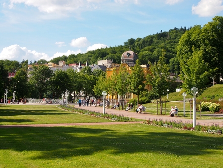 MARIANSKE LAZNE, CZECH REPUBLIC - JULY 03, 2017: Main park and colonnade of Marianske Lazne spa during main tourist season in summer on July 03, 2017 in Marianske Lazne.のeditorial素材