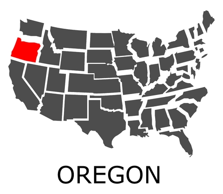 Bordering map of USA with State of Oregon marked with red color.のイラスト素材