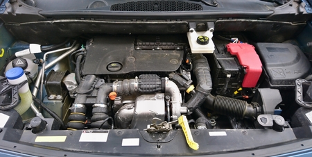 Used car engine close up view.