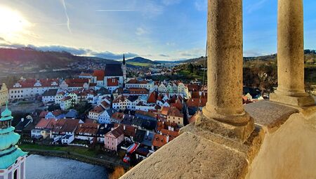 Panoramic aerial view of beautiful town Cesky Krumlov from sightseeing tower, Czech Republic.の写真素材