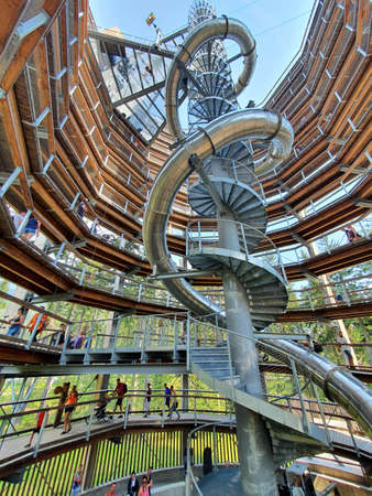 JANSKE LAZNE, CZECH REPUBLIC - AUGUST 09, 2020: The Interior with slide of observation tower of the...