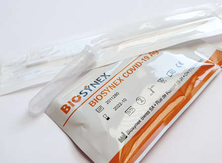 PRAGUE, CZECH REPUBLIC - MARCH 22, 2021: Home test kit for capturing of COVID-19 antibodies. BIOSYNEX Covid-19 AG rapid test for detection of SARS-CoV-2 antigens responsible for COVID-19.のeditorial素材