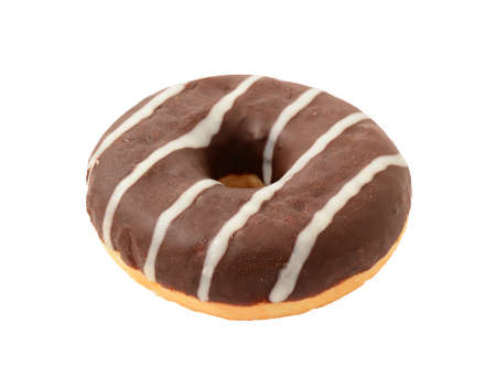One chocolate donut with sugar stripes topping isolated over white background.の写真素材