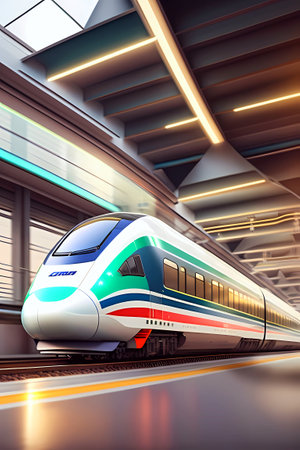 Railway station interior with modern high speed train arriving at platform. Generative Ai.の素材