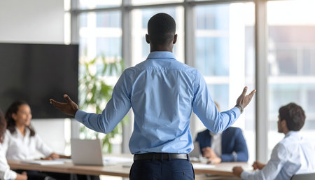 Back view of african american businessman standing in office, raising hands and looking at camera. African american businessman looking at camera. Leadership conceptの素材
