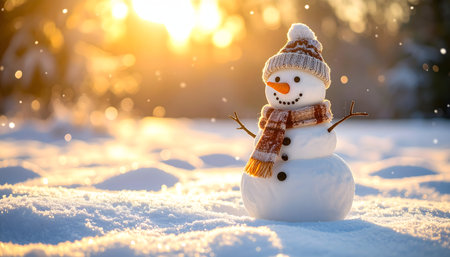 Snowman in the snow at sunset. Christmas and New Year concept.の素材