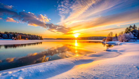 Beautiful winter landscape with frozen lake at sunset. Colorful sunset over the lake.の素材