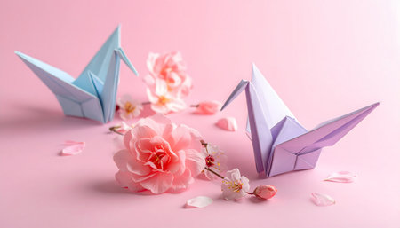 Paper origami boats and sakura flowers on color background, closeupの素材
