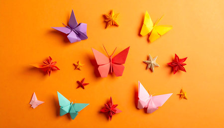 Paper origami birds on orange background. Colorful origami birds.の素材