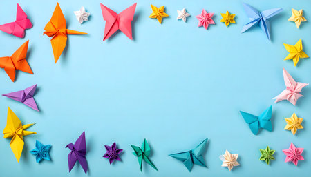 Colorful origami stars on blue background with space for text.の素材