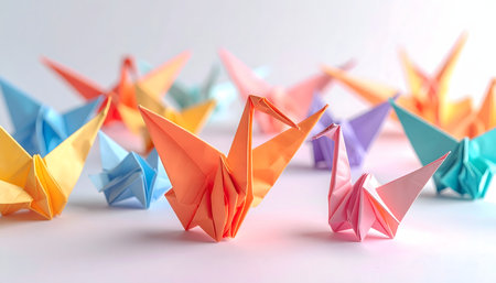 Colorful origami cranes on a white background. 3d renderingの素材