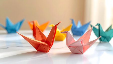 Paper origami boats on white table, closeup. Leadership conceptの素材