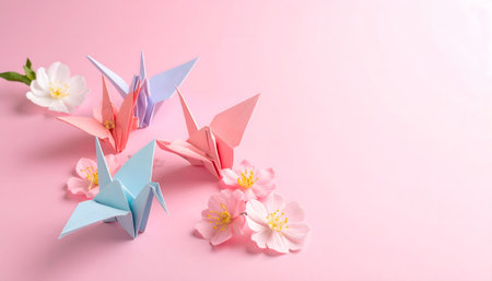 Paper origami crane and spring flowers on a pink background. Copy space.の素材