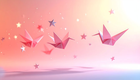 Origami paper crane flying in the sky. 3D Renderingの素材