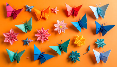 Paper origami butterfly isolated on orange background. Minimal concept.の素材