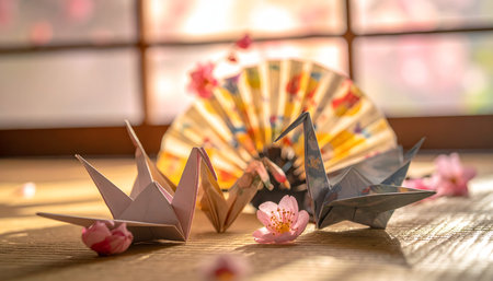 Paper origami boats and Japanese fan on a wooden table near the windowの素材