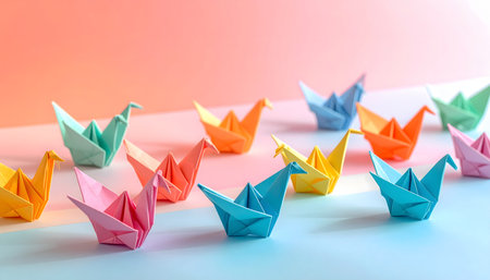 Leadership concept. Group of colorful origami boats on pastel backgroundの素材