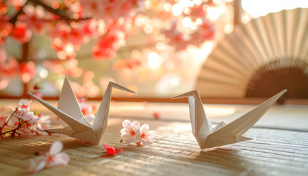 Paper origami crane and cherry blossom on bamboo table with hand fanの素材