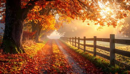 Beautiful autumn landscape with colorful trees and road in foggy morningの素材
