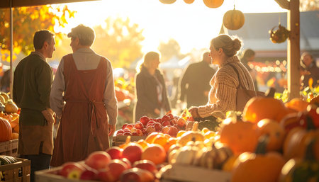 People shopping at the farmers market in autumn. Group of people buying vegetables.の素材