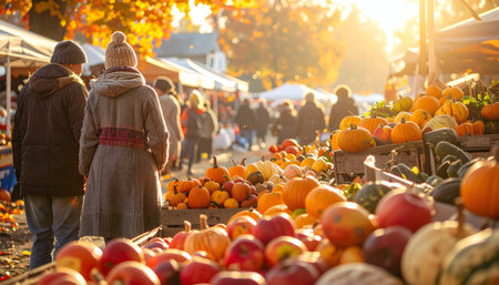 People buying pumpkins at the farmers market in autumn, back viewの素材