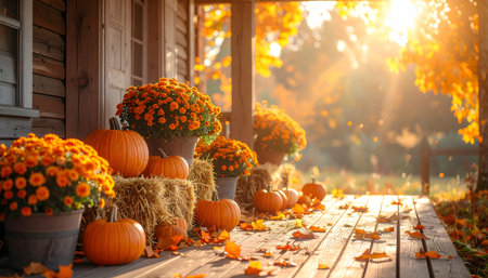 Autumn scene with pumpkins and flowers on porch of country houseの素材