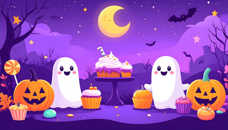 Halloween party background. Cute ghost, pumpkin, candy, cupcake, moon and stars. Vector illustrationの素材