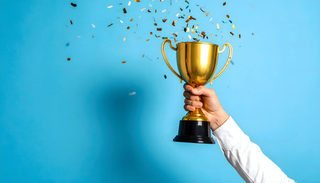 Hand holding a gold trophy cup with confetti on a blue backgroundの素材