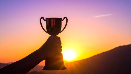 Hand holding trophy cup on sunset sky background, success and victory conceptの素材