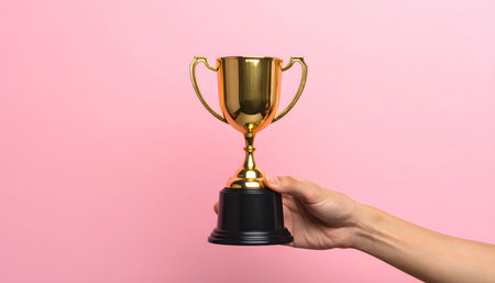 Female hand holding golden trophy cup on pink background, closeup. Award ceremonyの素材