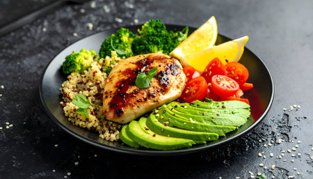 Buddha bowl with quinoa, avocado and grilled chicken breastの素材