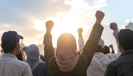 Back view of muslim people raised their hands with the sunset backgroundの素材