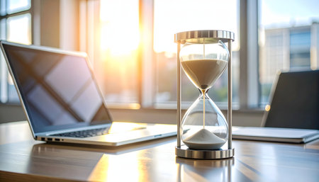 Hourglass and laptop computer on table in office. Time management conceptの素材