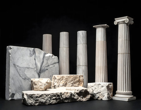 Ancient Greek columns and marble on a black background. 3d renderingの素材