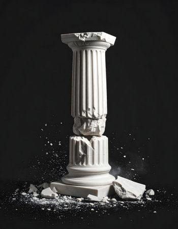 Ruins of ancient Greek column on black background. Studio shot.の素材